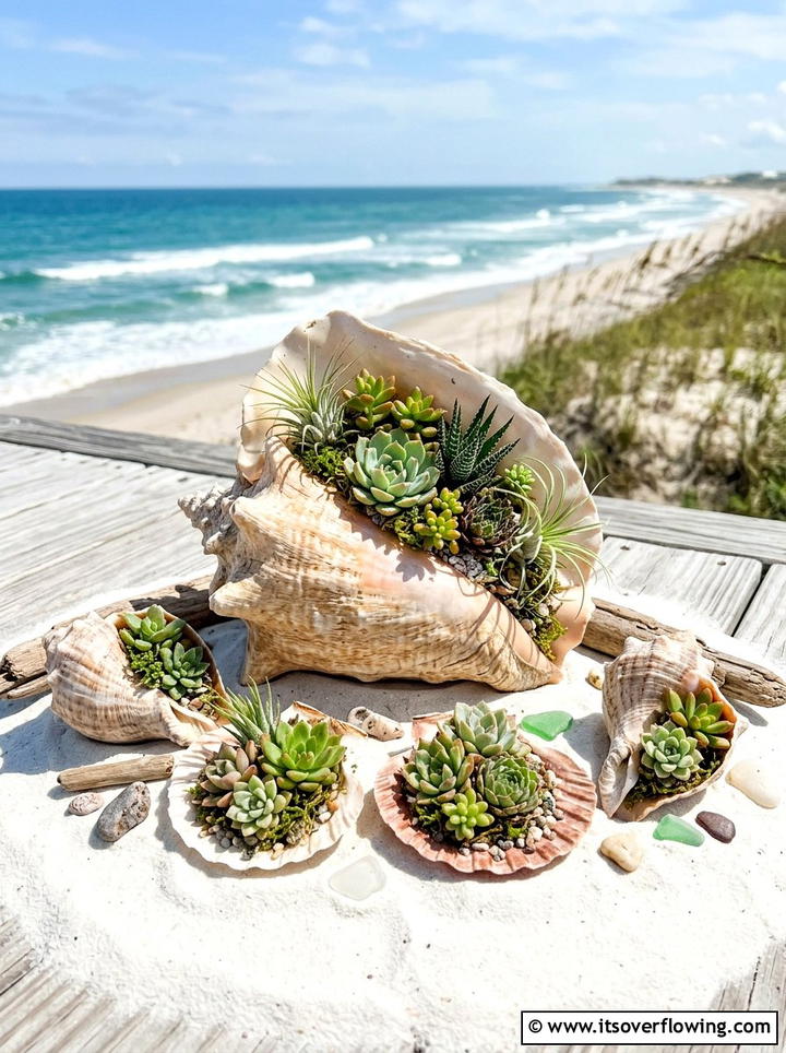 Shell Succulent Planter - 25 upcycled garden ideas with succulent planters