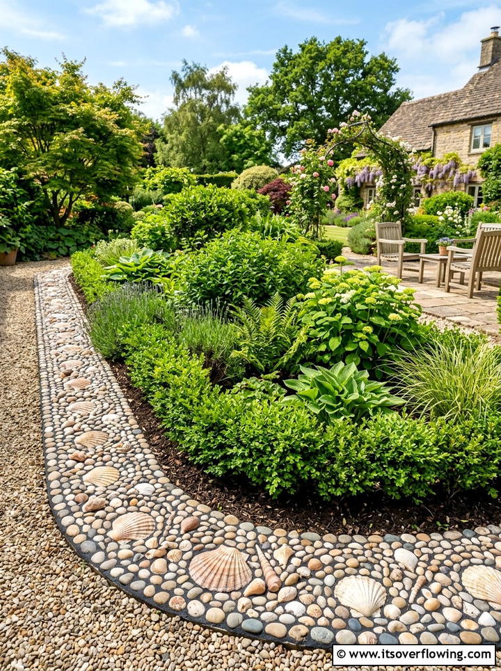 Shell and pebble mosaic garden border - 25 garden ideas with shell borders