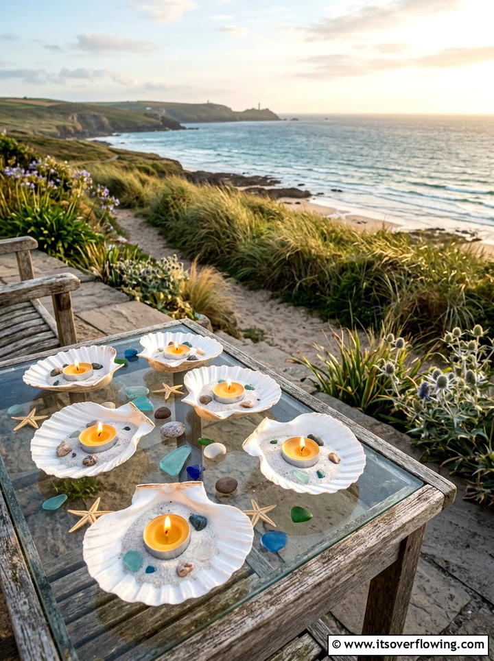 Shell tea light decor for coastal garden - 25 garden decor ideas with tea lights