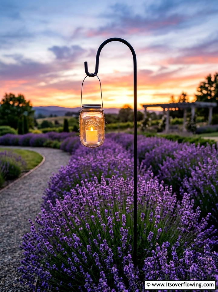 Shepherd Hook Jar Light - 25 garden decor ideas with mason jars