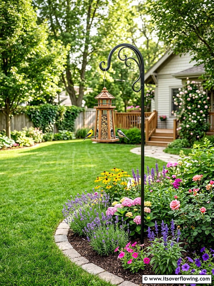 Shepherd hook bird feeder - 25 garden decor ideas with feeders