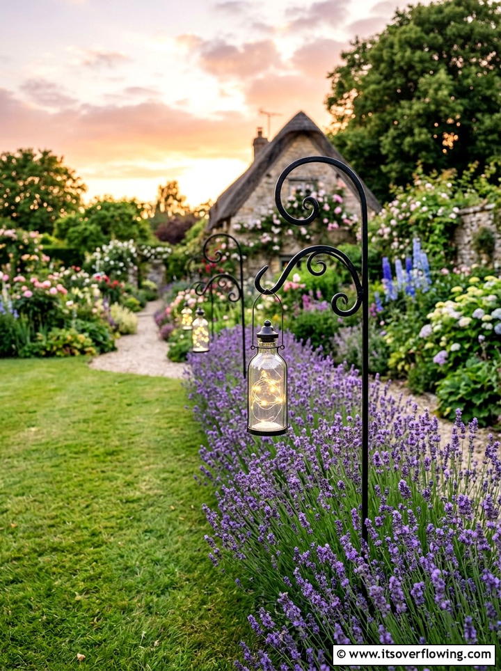 Shepherd hook bottle lanterns - 25 garden decor ideas with bottle lights