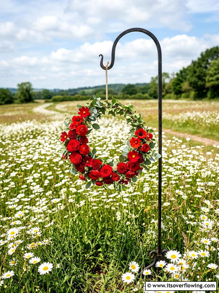 Shepherds hook floral hoop - 25 garden decor ideas with floral hoops
