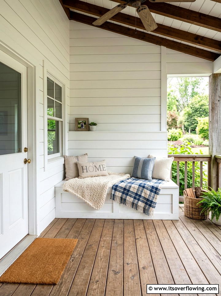 Shiplap Backed Storage Bench - 25 front porch ideas with storage bench
