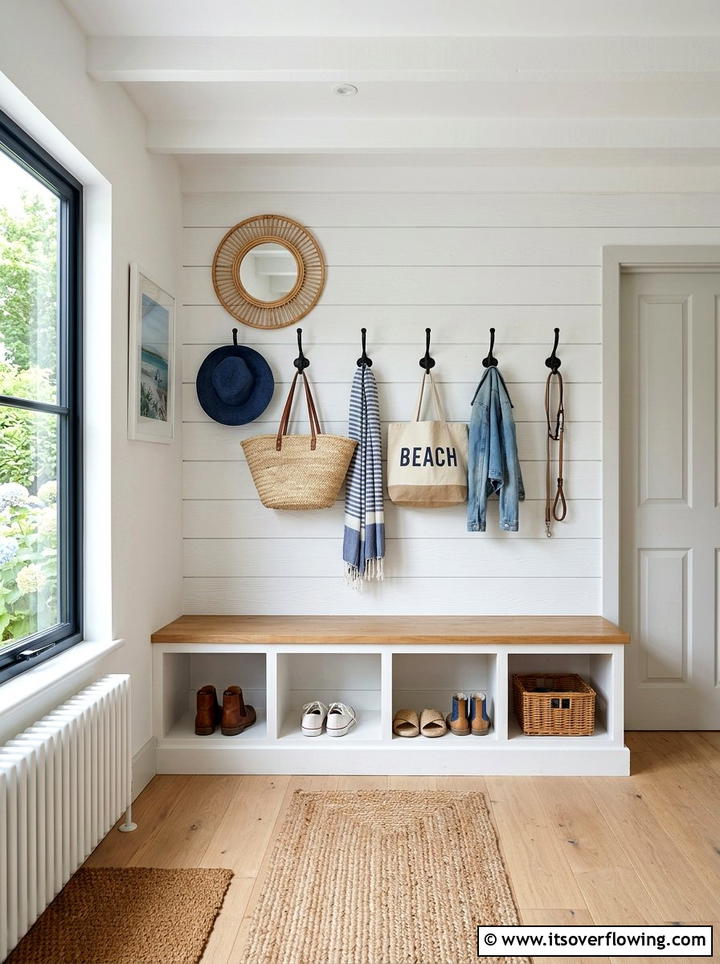 Shiplap wall with shoe hooks and cubbies - 25 front porch ideas with shoe storage