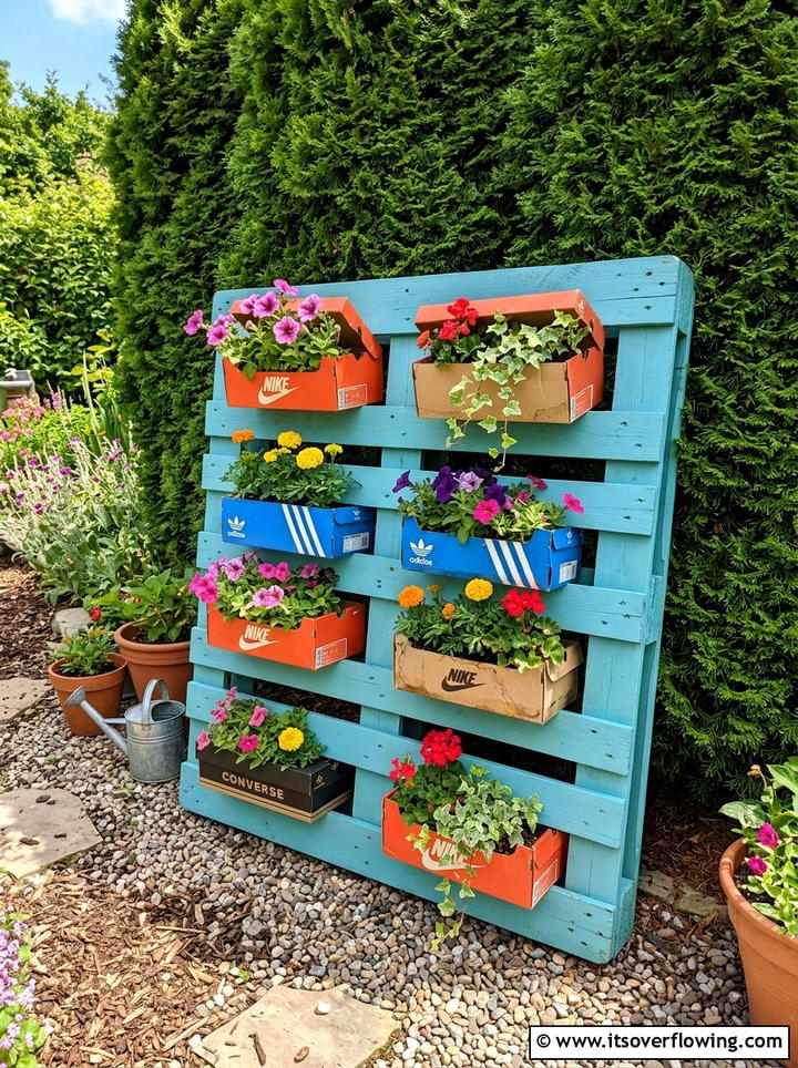 Shoe Box Pallet Garden - 25 creative garden ideas with shoe planter wall