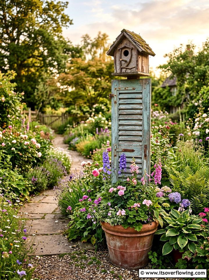 Shutter Birdhouse Stand - 25 front porch ideas with repurposed shutters