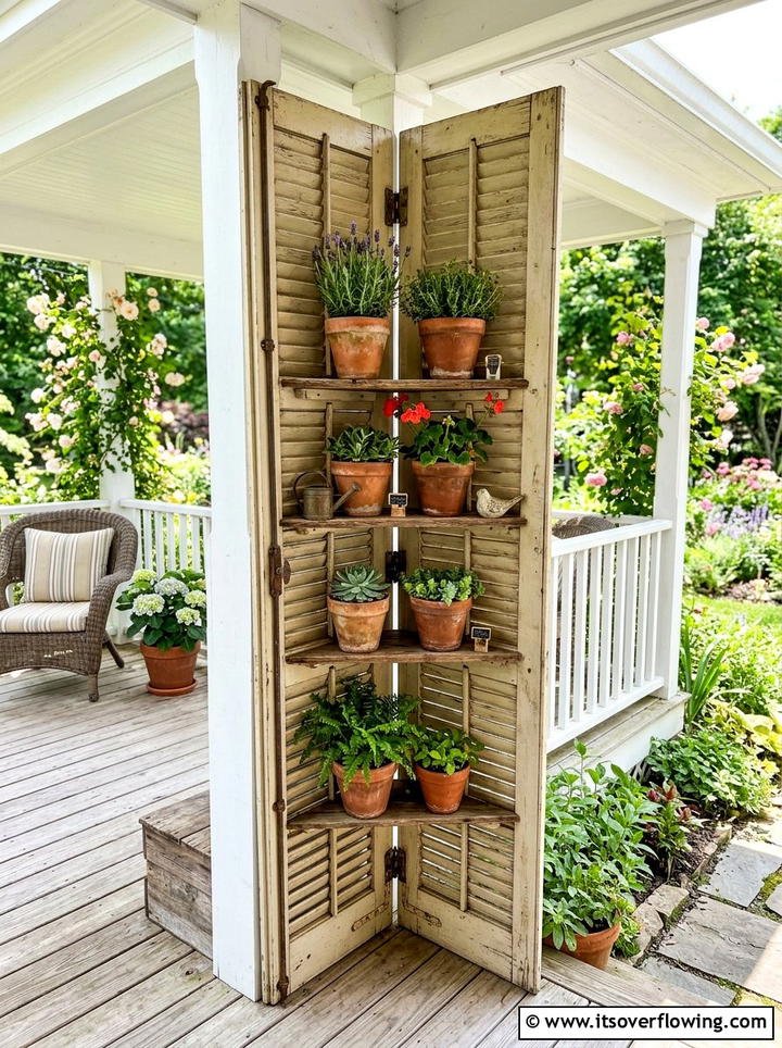 Shutter Corner Shelf - 25 front porch ideas with repurposed shutters