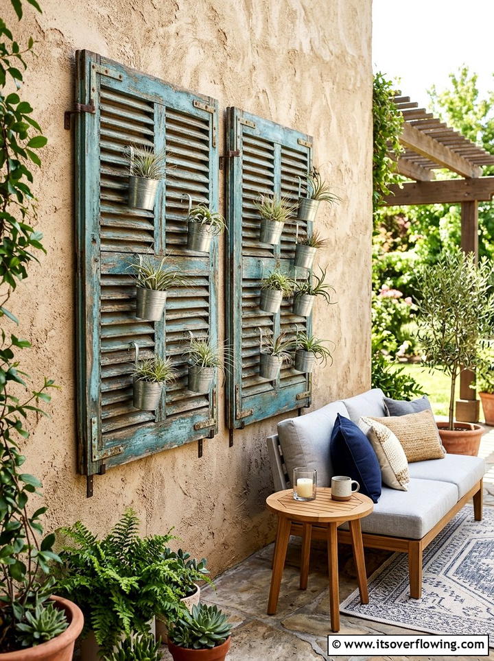 Shutter Wall Decor - 25 backyard decorating ideas with recycled materials