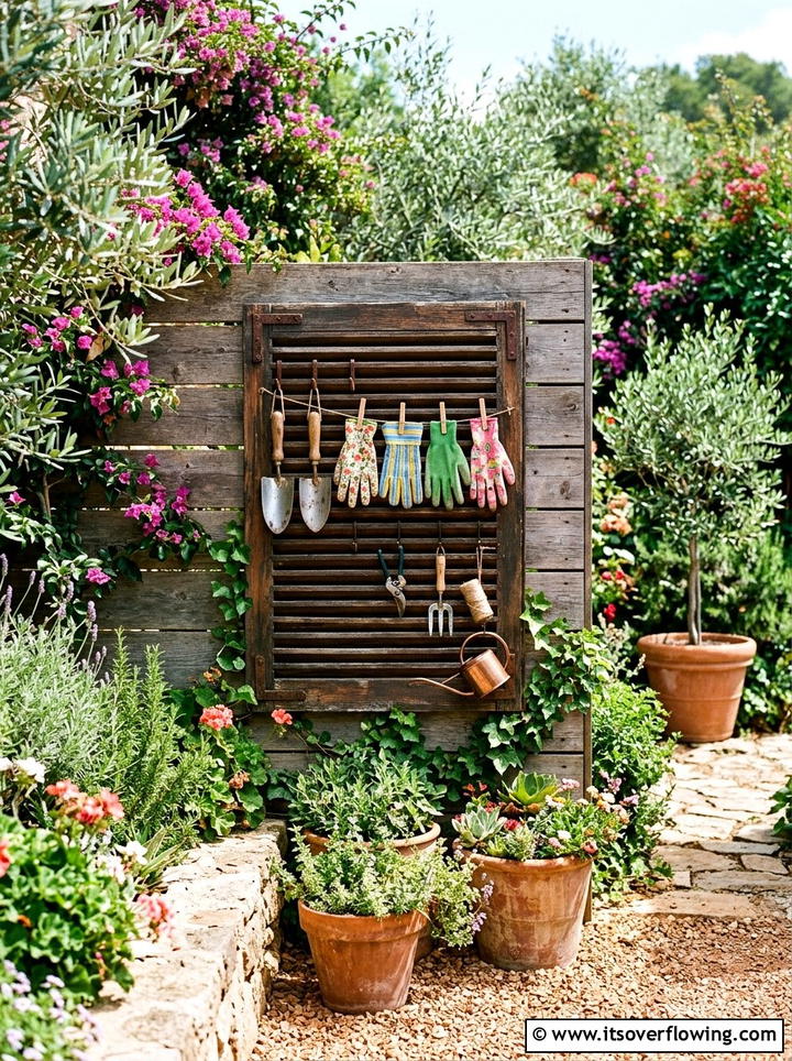 Shutter tool wall - 25 upcycled garden ideas with tool storage