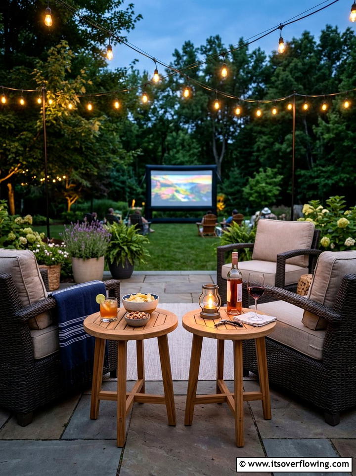 Side tables for snacks - 25 backyard ideas with outdoor movie setup