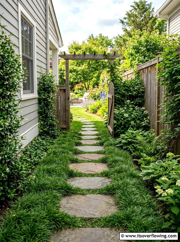 Side yard path with ornamental grass - 25 garden ideas with ornamental grasses