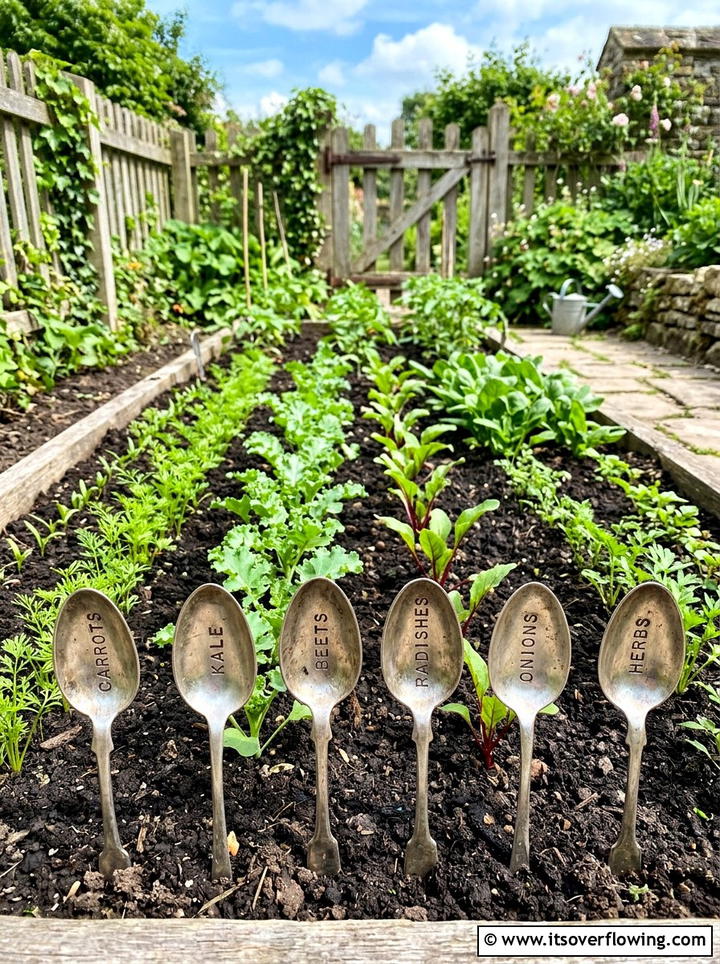 Silverware plant marker - 25 cheap garden ideas with thrifted decor
