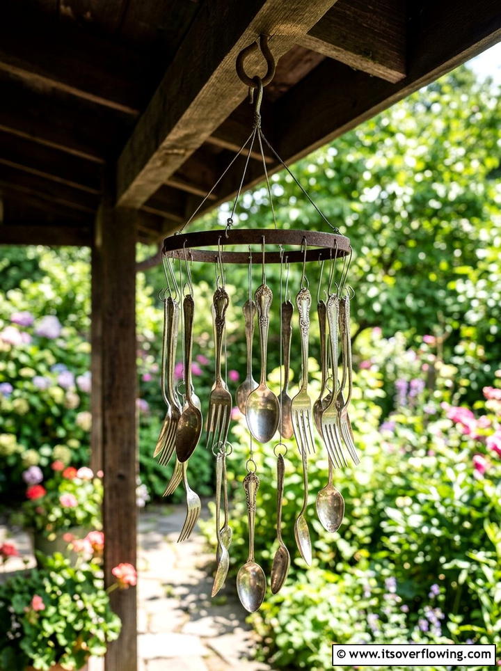 Silverware wind chime - 25 cheap garden ideas with recycled materials