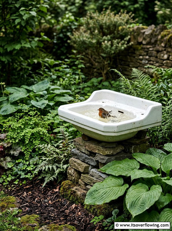 Sink Bird Bath - 25 backyard decorating ideas with recycled materials