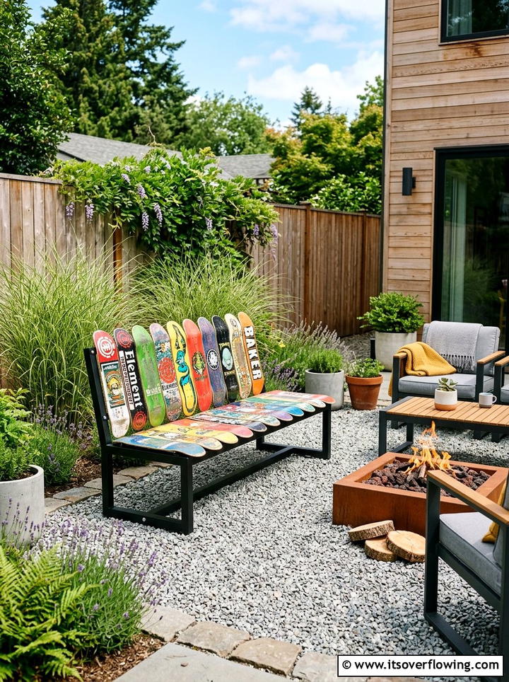Skateboard garden bench - 25 recycled garden ideas with old toys