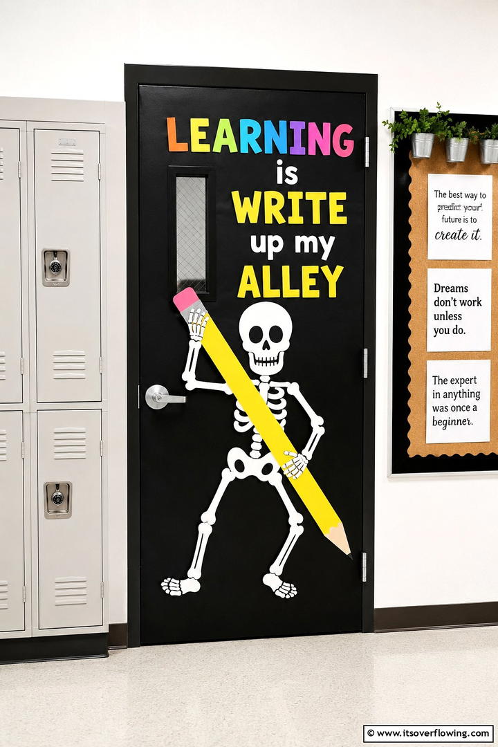 Skeleton Learning Display - 50 Fall Door Decor Classroom Ideas for Cozy Entryways