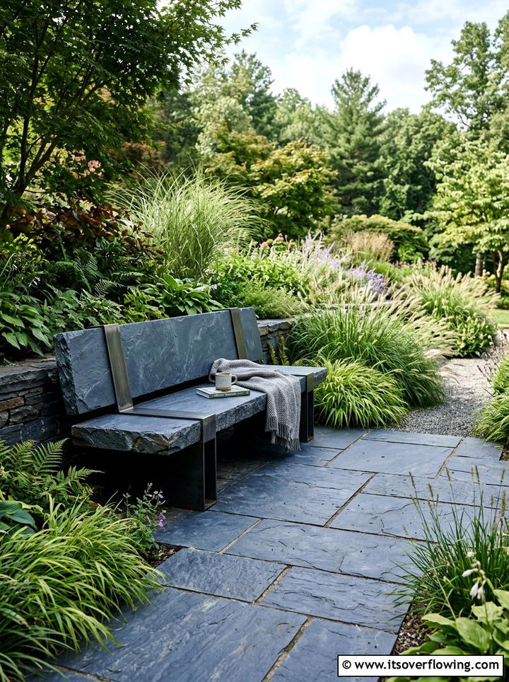 Slate bench patio - 25 backyard ideas with stone seating