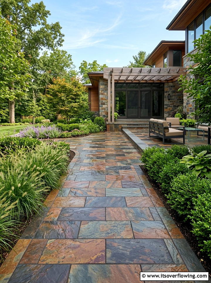 Slate tile walkway - 25 backyard ideas with pathways