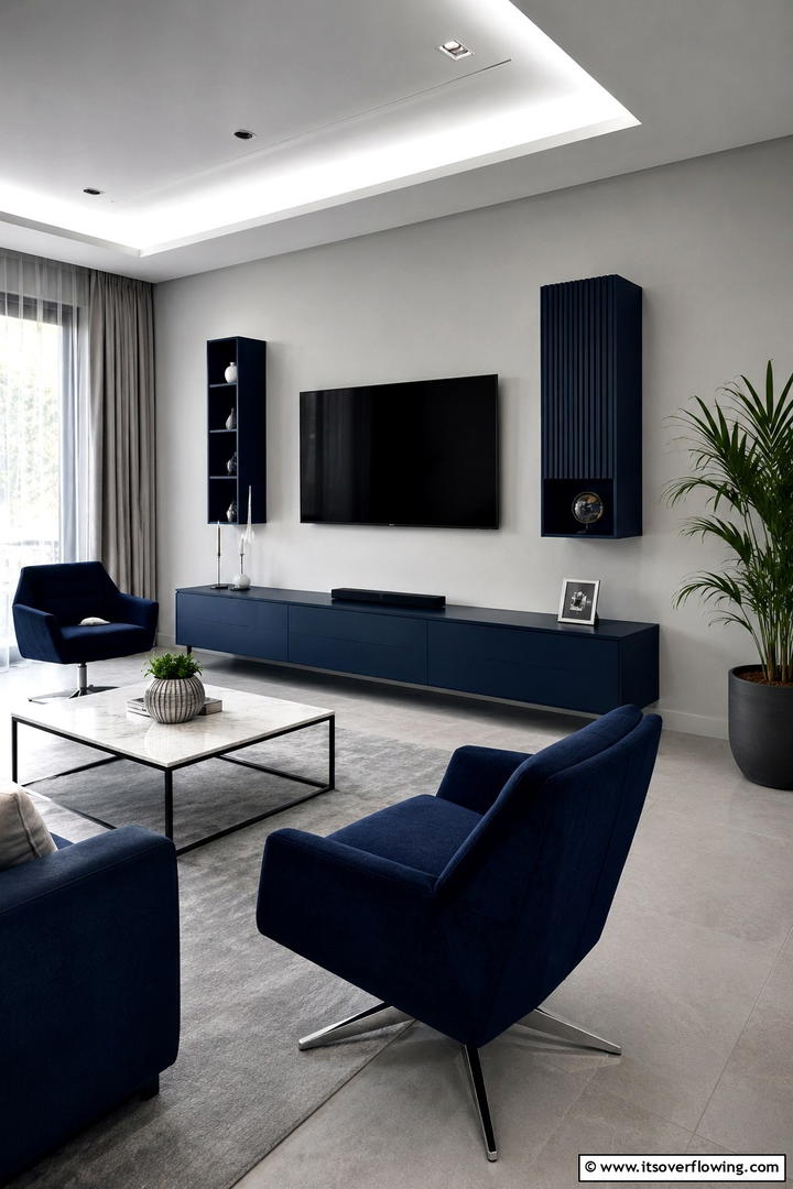 Sleek Lines with Navy Blue Furniture - 30 Navy Blue and Grey Living Room Ideas for Sophisticated Style