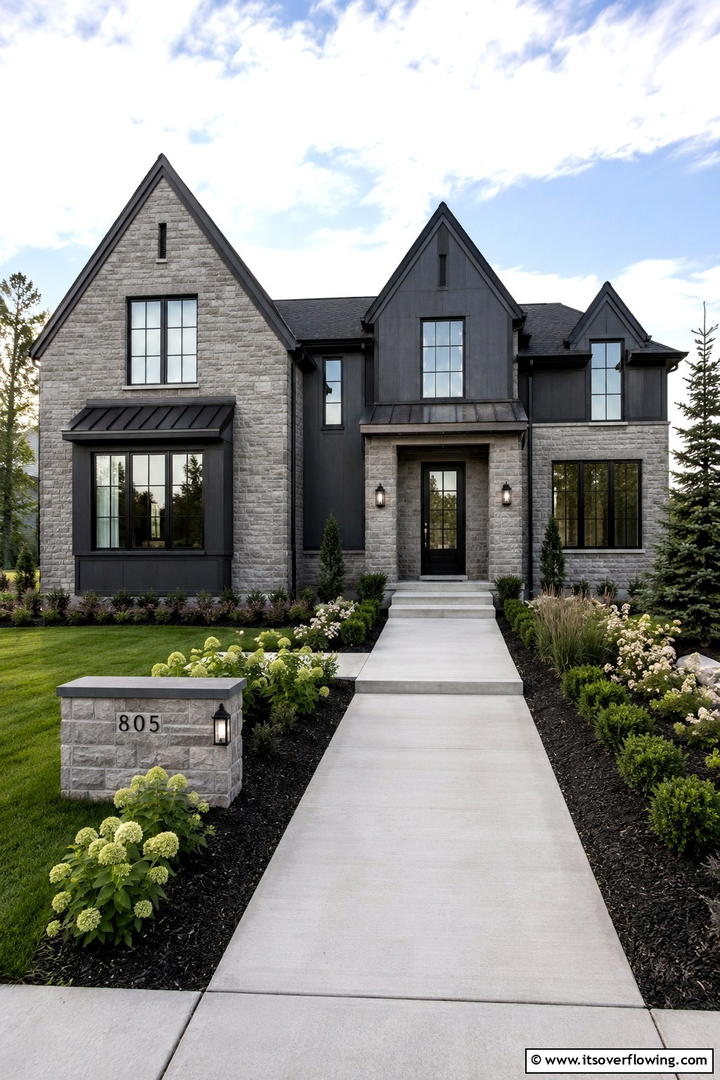 Sleek Stone Facade - 30 Modern Tudor Exterior Ideas for Timeless Curb Appeal