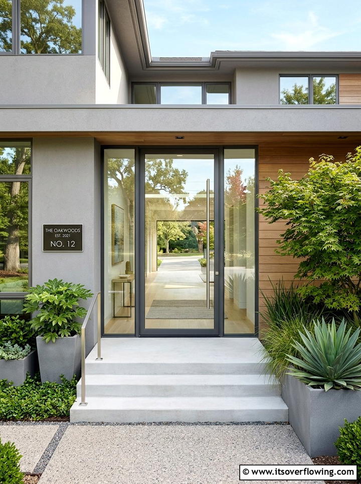 Sleek glass front door - 25 front porch decor ideas with personalized welcome sign