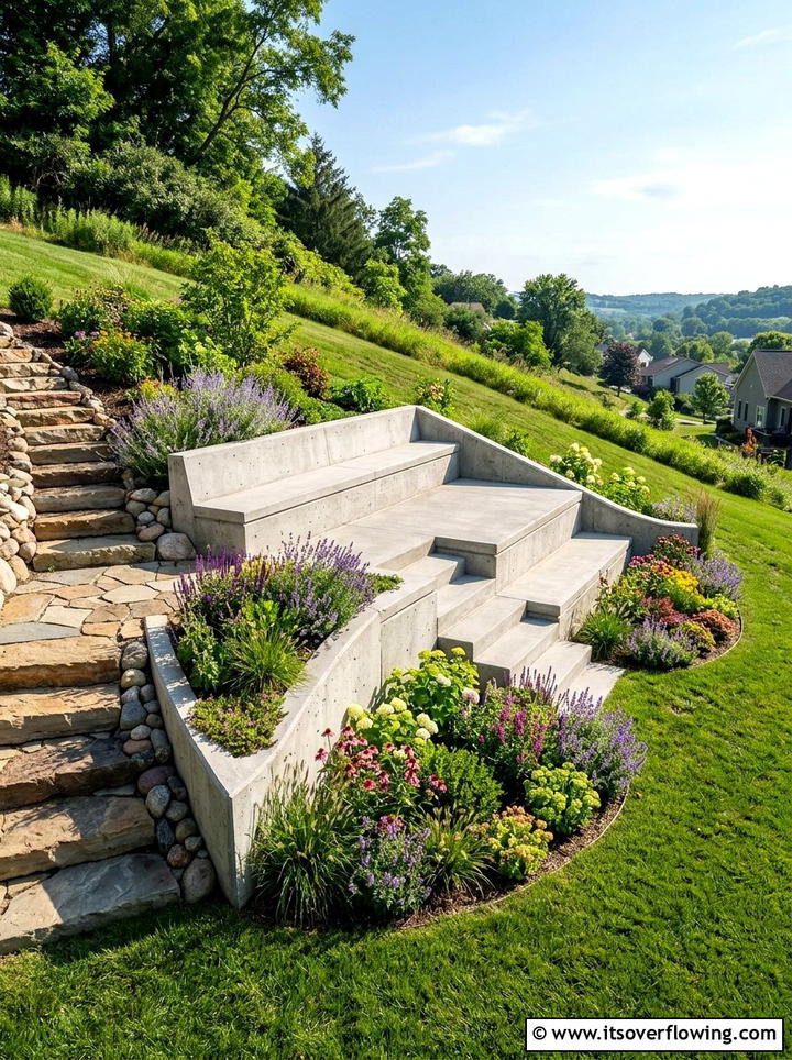 Sloped backyard concrete bench - 25 backyard ideas with concrete bench