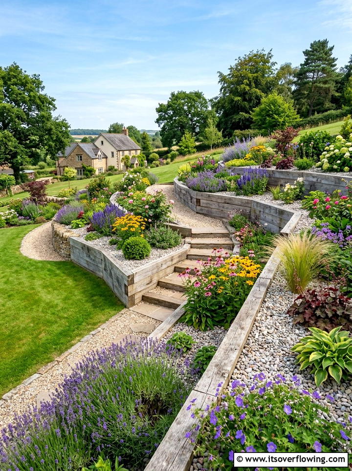 Sloped garden with pebble terracing - 25 garden decor ideas with pebble accents