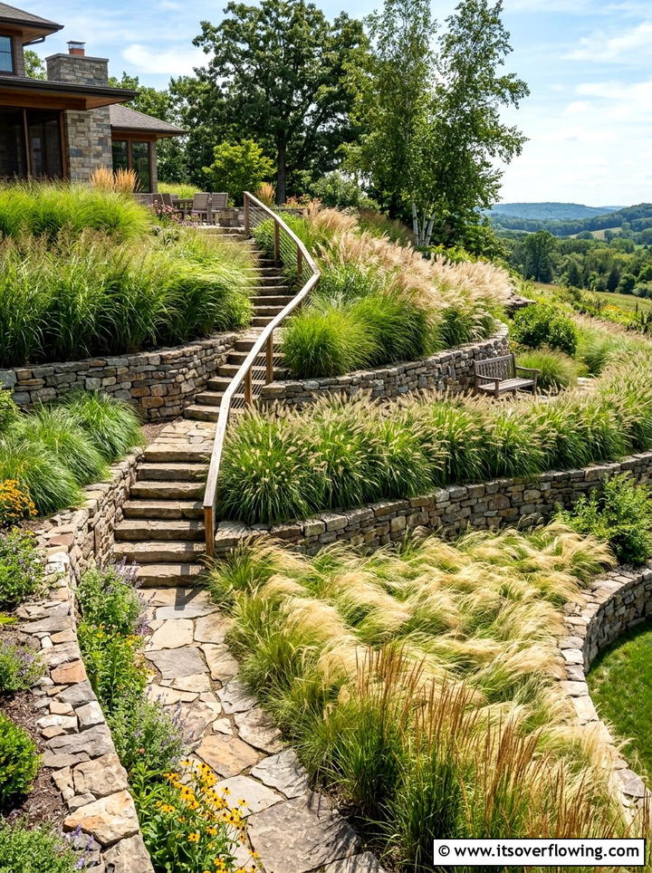 Sloping backyard with ornamental grass - 25 garden ideas with ornamental grasses