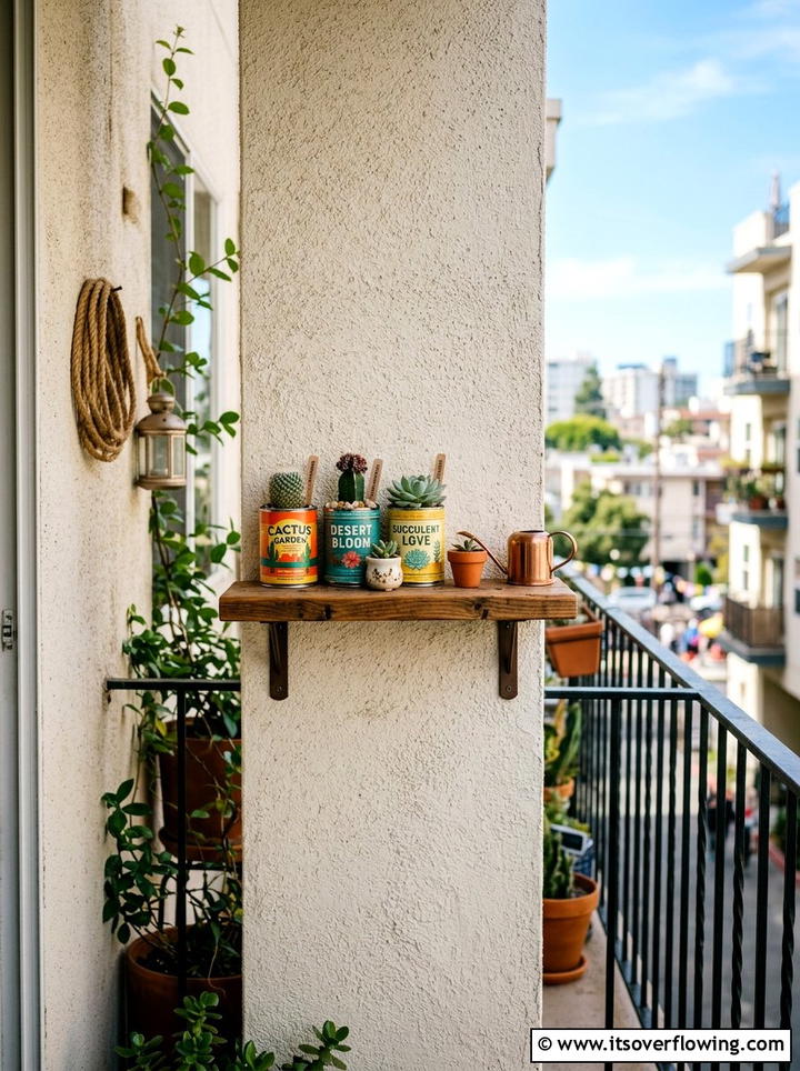 Small Mounted Plant Shelf - 25 recycled garden ideas with tin cans