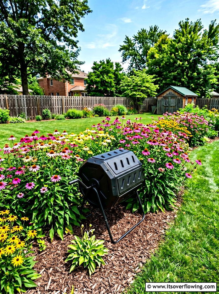 Small Space Tumbler In Flower Bed - 25 garden ideas with compost bins