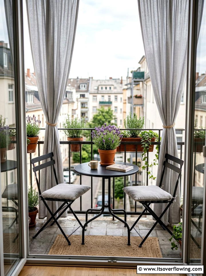 Small balcony with bistro set and curtains - 25 backyard decorating ideas with outdoor curtains