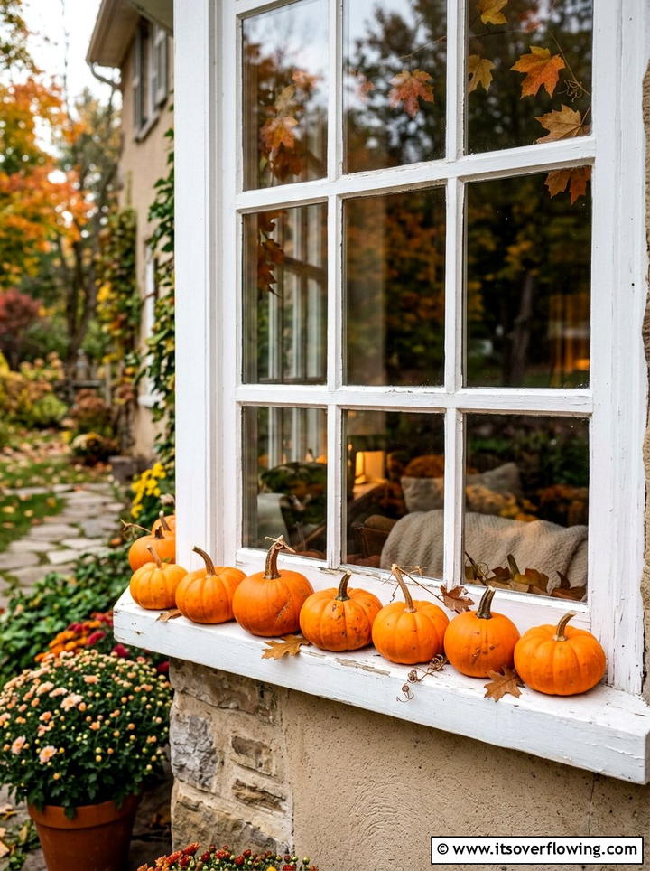 Small pie pumpkins on windowsills - 25 front porch decor ideas with real pumpkins