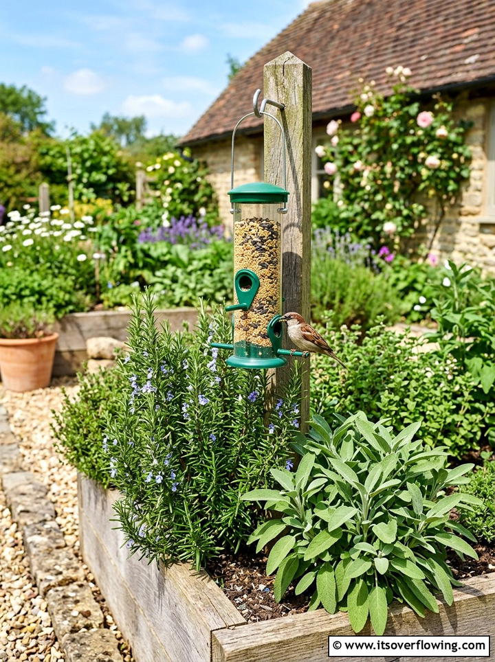 Small plastic bird feeder in herb garden - 25 garden ideas with bird feeders