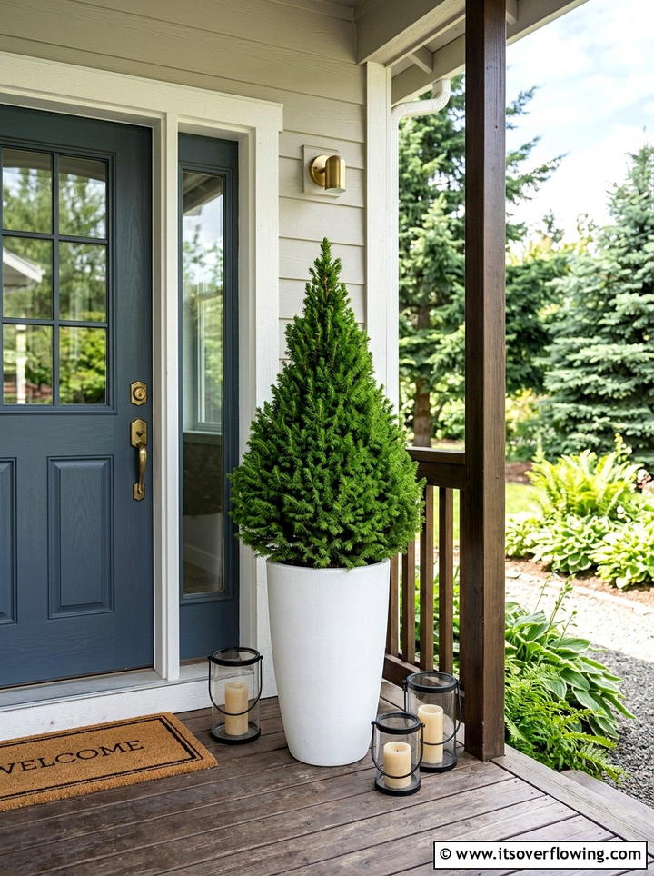 Small porch corner with spruce tree - 25 front porch decor ideas with mini trees
