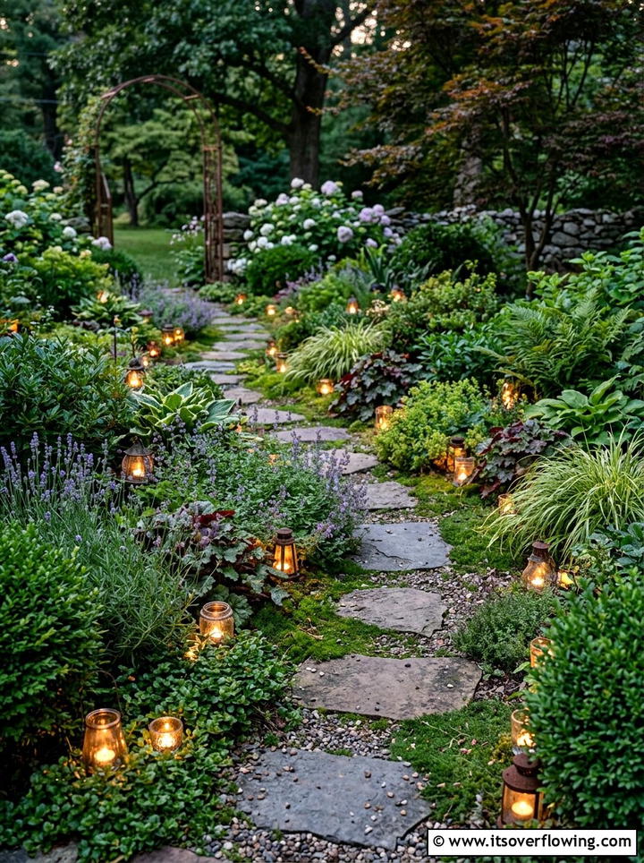 Small tea light lanterns in shrubbery - 25 garden decor ideas with lanterns
