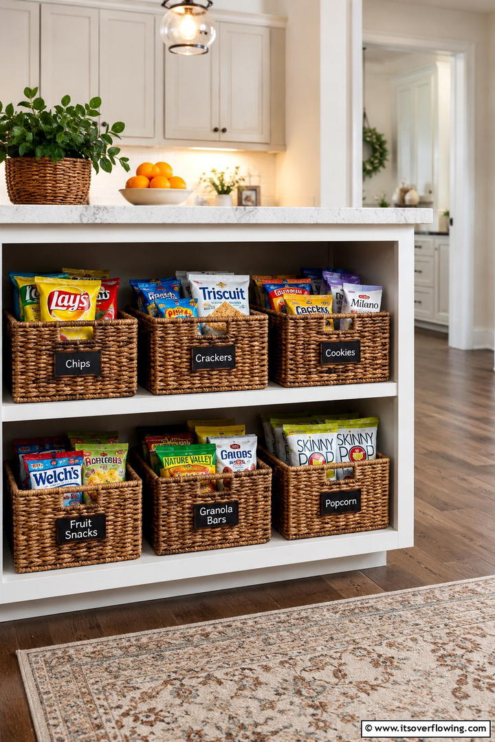 Snack Friendly Baskets - 30 Snack Storage Ideas for Organized Kitchen Pantries