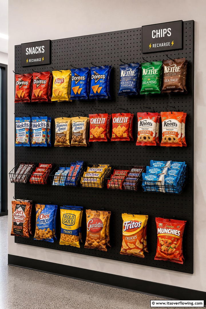 Snack themed Pegboards - 30 Snack Storage Ideas for Organized Kitchen Pantries