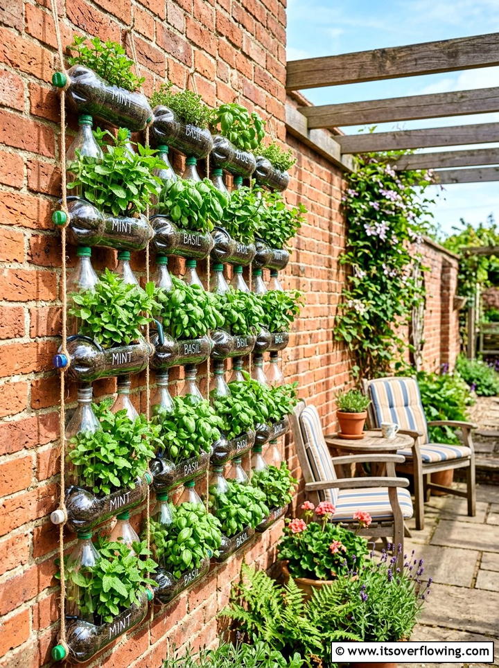 Soda Bottle Vertical Herb Garden - 25 recycled garden ideas for kids
