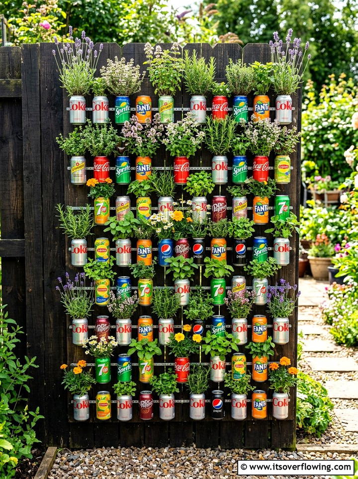 Soda Can Vertical Herb Wall - 25 recycled garden ideas with self watering planters