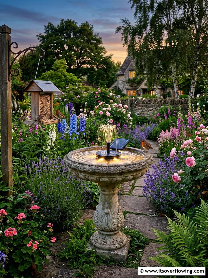 Solar Birdbath Fountain Light - 25 cheap garden ideas with solar lights