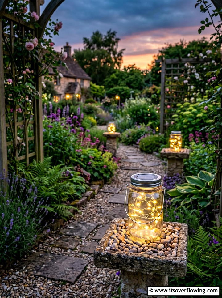 Solar Bottle Light - 25 recycled garden ideas with pebbles