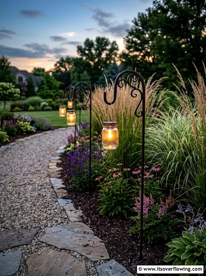 Solar Lantern Shepherd Hooks - 25 cheap garden ideas with dollar store decor