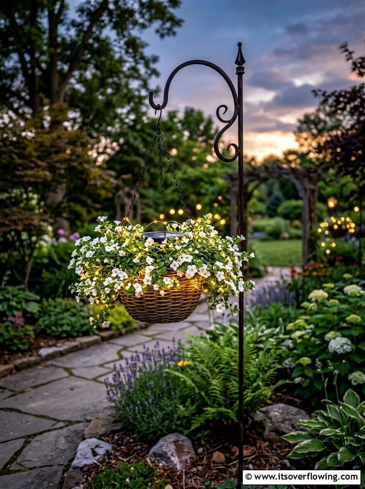 Solar Light Flower Basket Combo - 25 garden decor ideas with hanging baskets