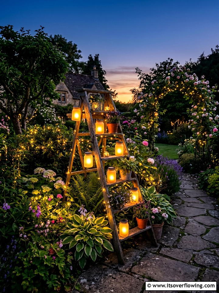 Solar Light Garden Ladder - 25 garden decor ideas with ladder plant stands