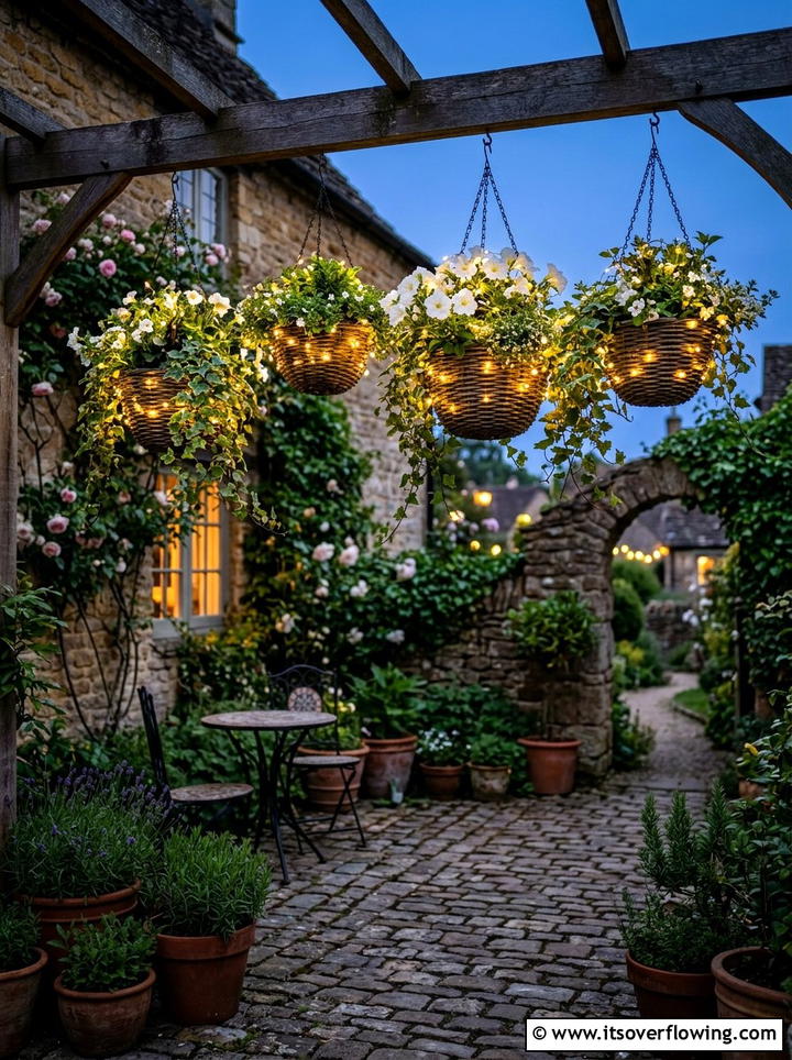 Solar Lit Garden Baskets - 25 small garden ideas with hanging baskets