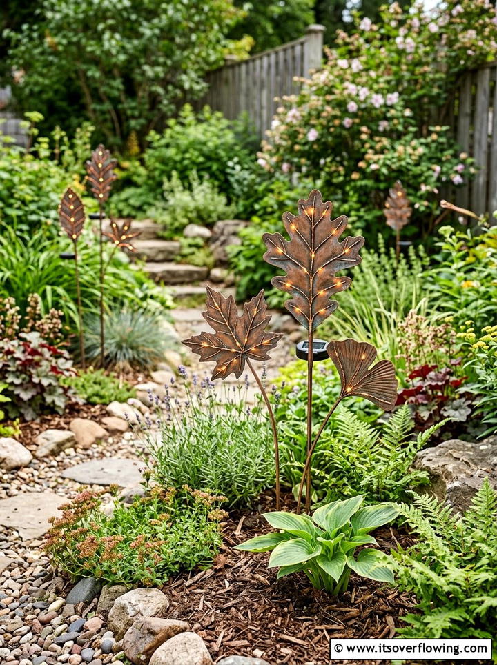 Solar Metal Leaf Stake - 25 garden decor ideas with solar stakes