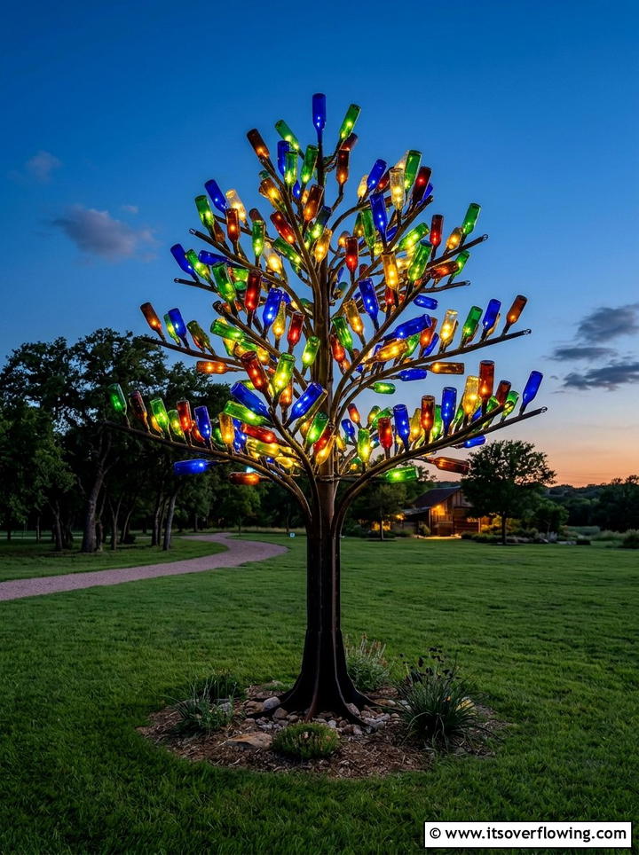Solar Powered Bottle Tree - 25 garden ideas with bottle lights