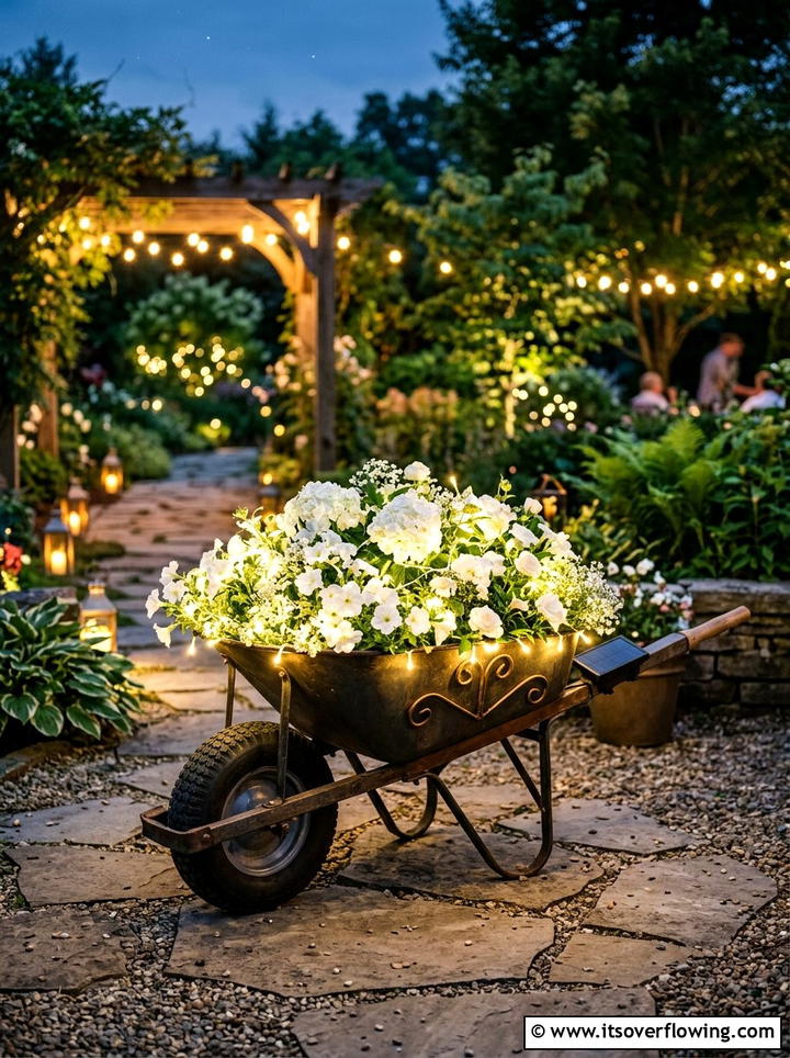 Solar Powered Lighted Wheelbarrow - 25 garden decor ideas with wheelbarrows