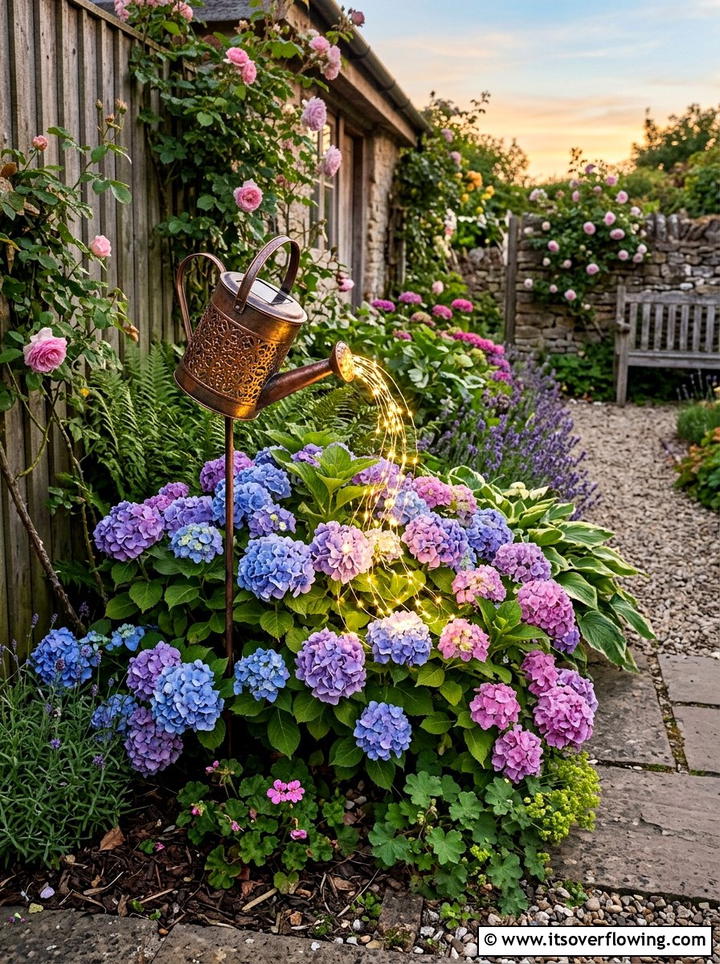 Solar Watering Can Fairy Light - 25 garden decor ideas with solar stakes